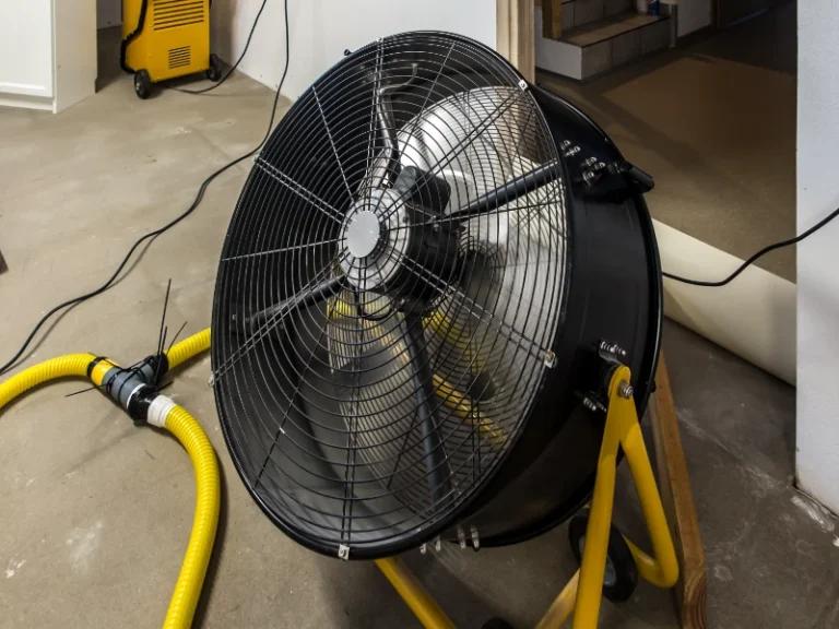Large industrial fan with yellow frame and attached yellow hose on a concrete floor. emergency water extraction