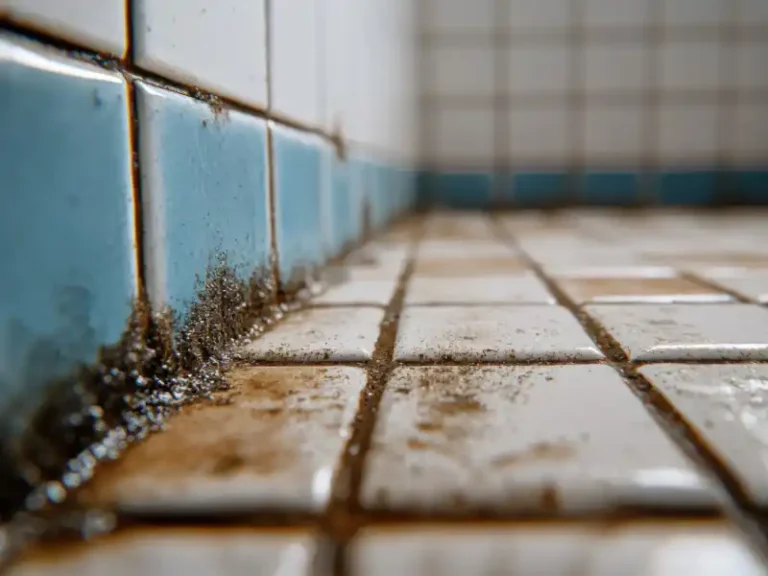 Close-up of dirty white and blue tiled floor and wall with grime in grout lines. sewage cleanup services