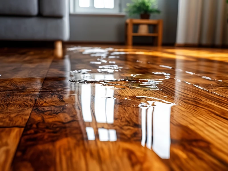 Water spilled on a polished wooden floor reflecting a window and furniture.