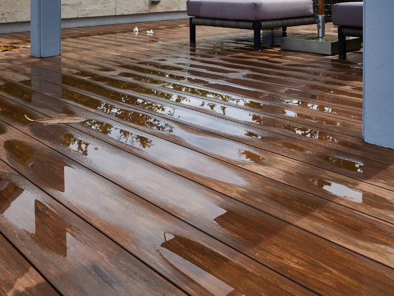 Wet wooden deck with reflections and outdoor furniture in the background. water damage restoration
