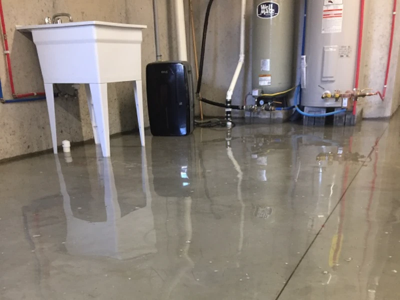 Basement floor flooded with water near a utility sink and water heaters. flood damage restoration