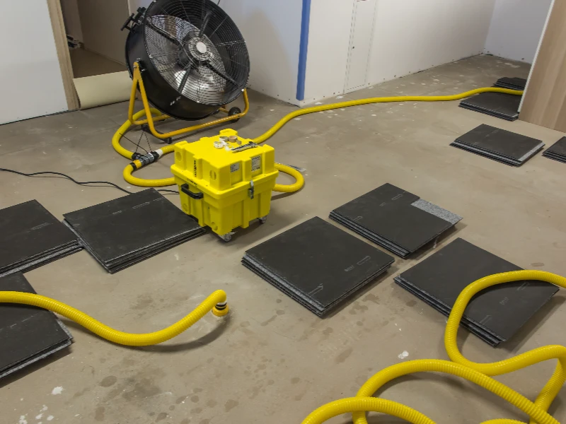 Yellow air mover and dehumidifier with black tiles stacked on a concrete floor in a room under renovation. structural drying services